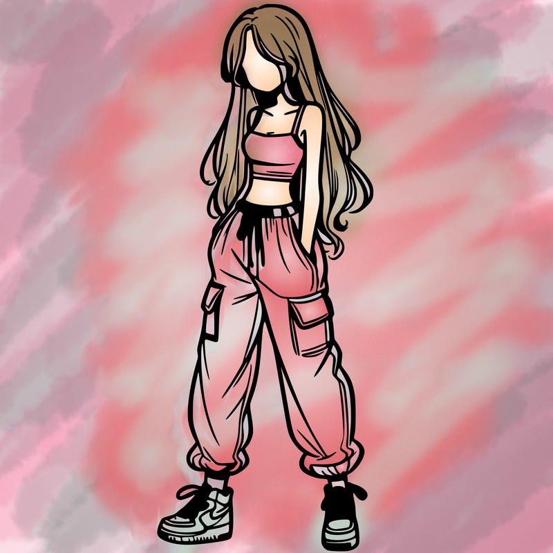 girl in baggy pants crop top and long hair