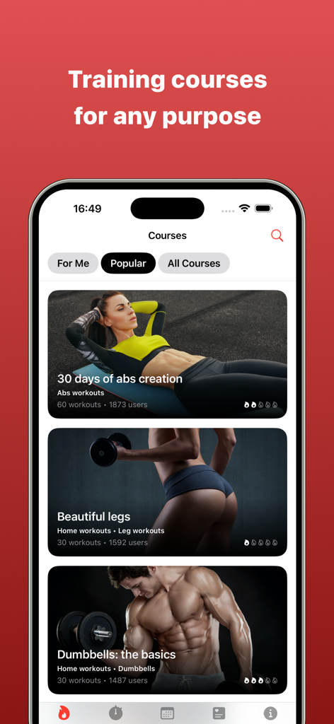 Workout For Women & Men - Mobile app interface showing various fitness training courses for abs legs and dumbbell exercises under the popular category