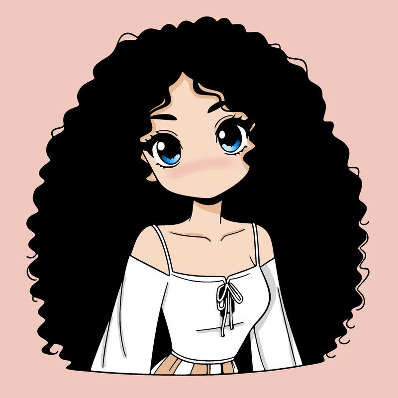 a black anime girl with long afro hair