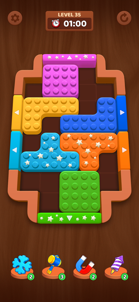 Color Block Puzzle: 3D Jam - Gameplay screenshot of Color Block Puzzle 3D Jam showing colorful blocks and power ups on a wooden board