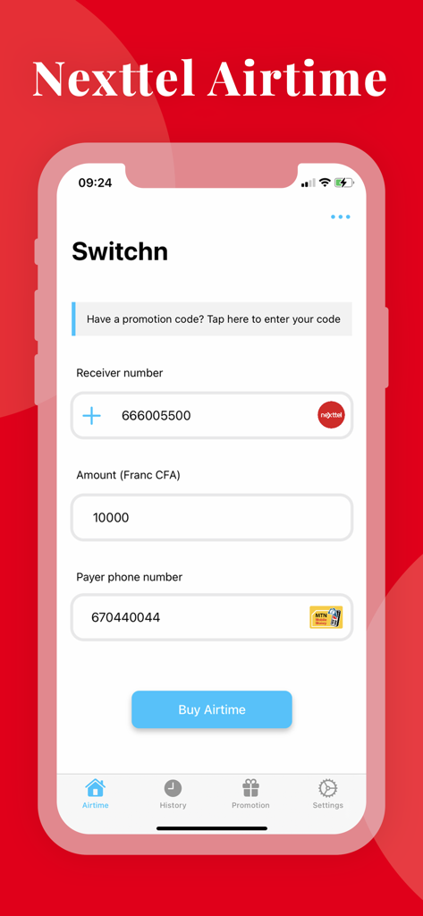 Interface de l'application Switchn pour l'achat de crédit Nexttel au Cameroun.