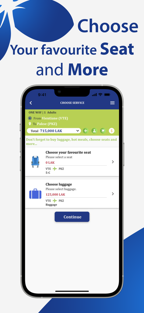 Lao Airlines - 라오항공 모바일 앱 화면으로 항공권 좌석 및 수하물 선택 옵션을 보여줍니다