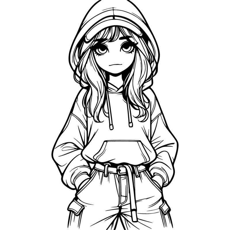 realistic girl with baggy jeans, a hoodie and hat long hair