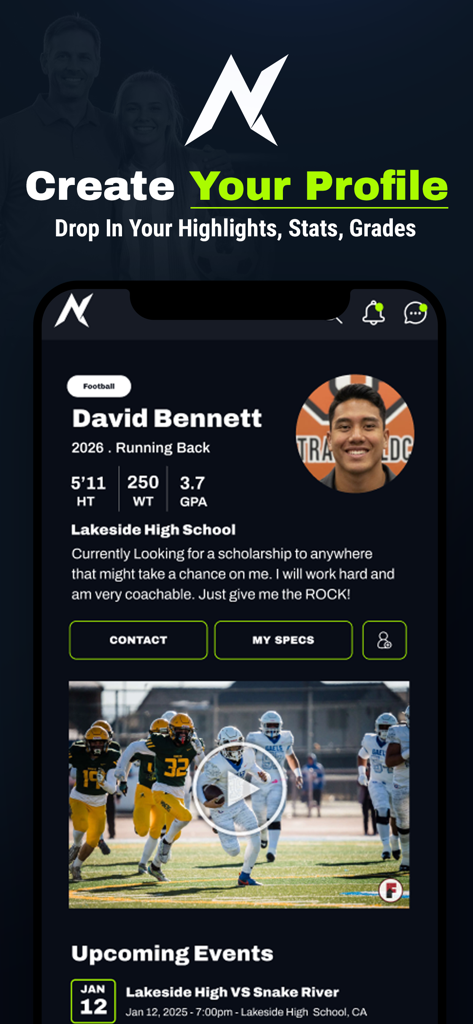 Athlete Narrative - A high school athlete recruitment profile on the Athlete Narrative app showing player stats and highlights