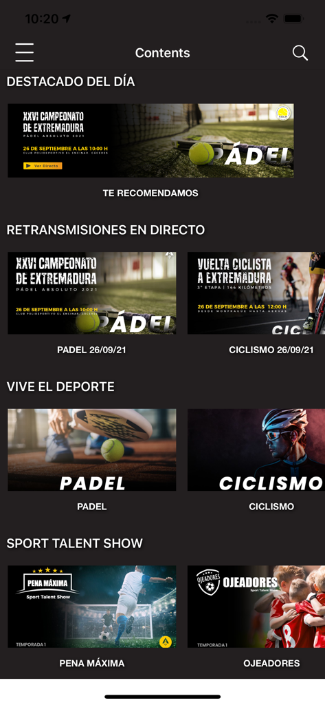 CANALDEPORTE - Mobile interface of the Canaldeporte app showing featured sports content and live broadcasts including padel and cycling