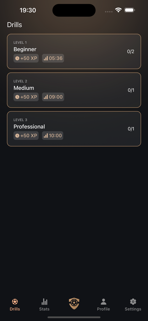 TRIVELA AI - Football Training - Trivela AI football training app drills screen showing beginner, medium, and professional level options with XP and timing details.