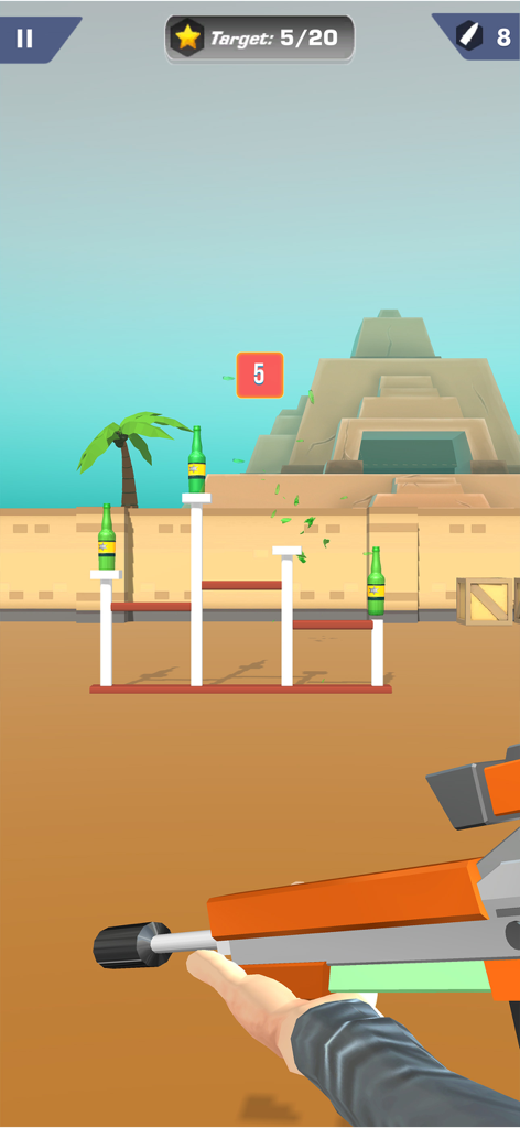 Shooting Master 3D Sniper Game - A first-person view of a sniper rifle aiming at green bottles in a desert environment with ancient ruins