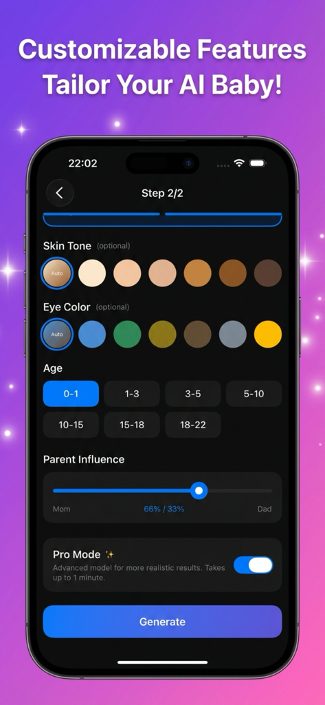 Interface de personalização do aplicativo Baby Generator AI com configurações de tom de pele, cor dos olhos e idade.