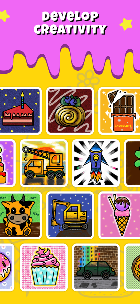 Coloring for Kids & Toddlers - A colorful grid of various children's coloring pages including a rocket, a cow, and food items under the text Develop Creativity.