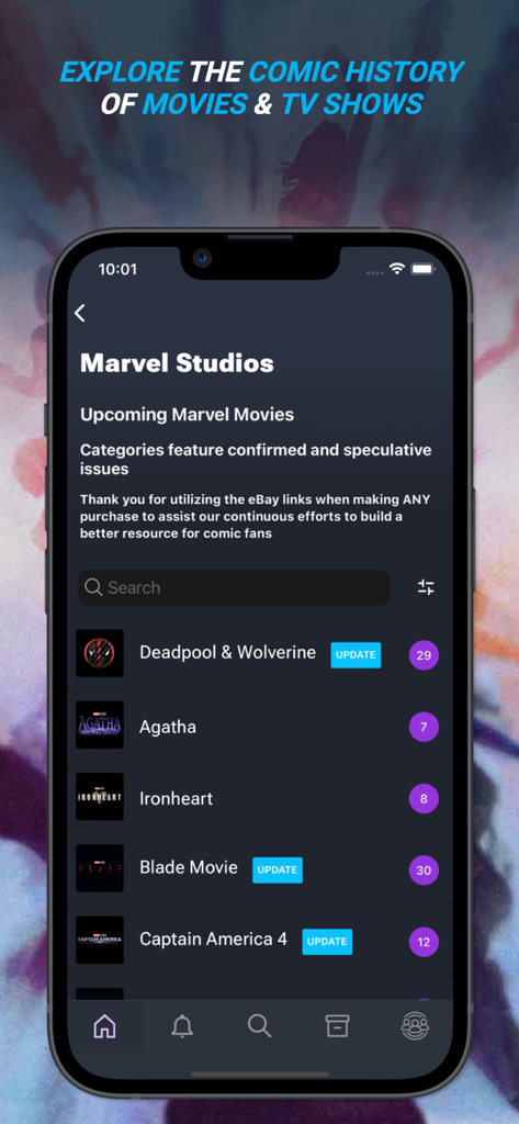 Interfaz de la aplicación Key Collector Comics que muestra las próximas películas de Marvel Studios y su historia en los cómics