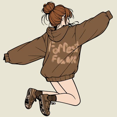 realistic girl jumping with a bun and oversized sweatshirt