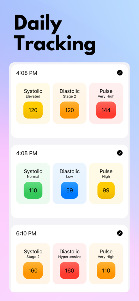 Blood Pressure Tracker° - Interfaz de seguimiento diario que muestra lecturas de presión arterial y pulso con indicadores de salud codificados por colores