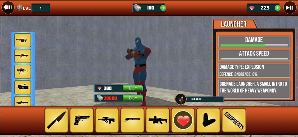 Spider Rope Hero | Robot Fight - Superhero character with a grenade launcher in the equipment selection menu
