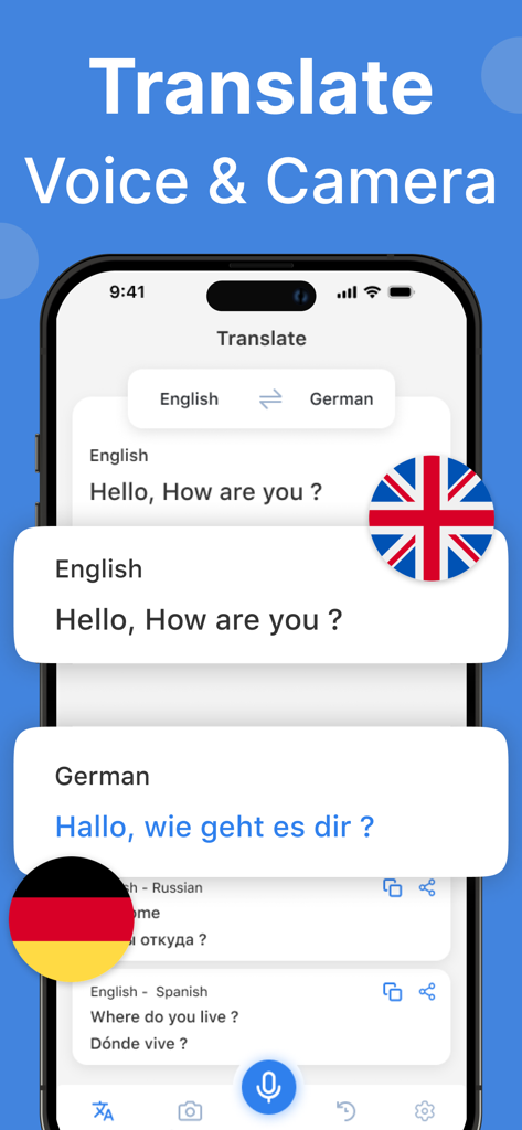 Translator - Voice & Camera - Interfaz de iPhone de la aplicación Traductor mostrando traducción de voz y texto de inglés a alemán