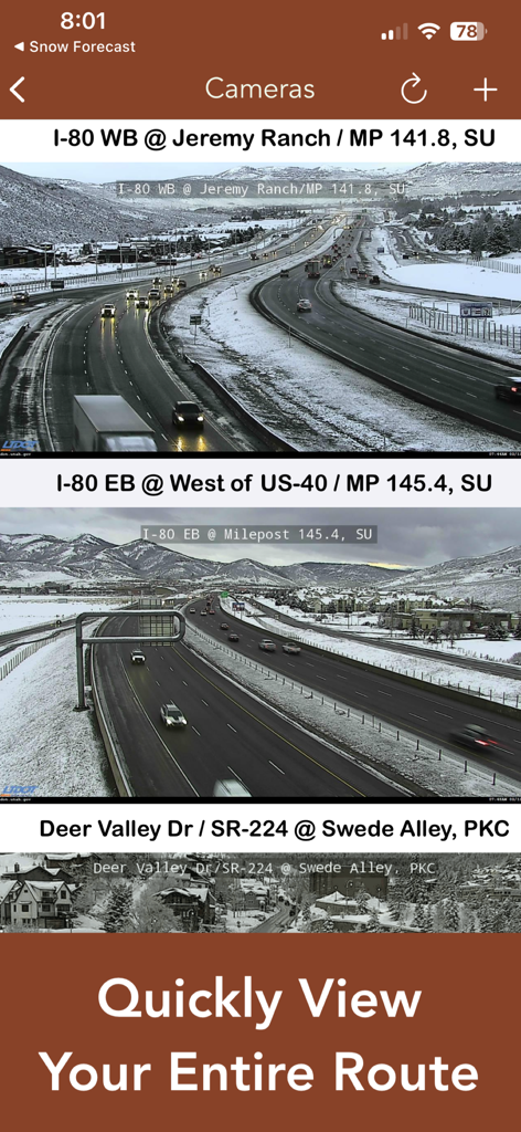 UDOT Road Conditions app displaying live CCTV camera feeds of snowy highways in Utah
