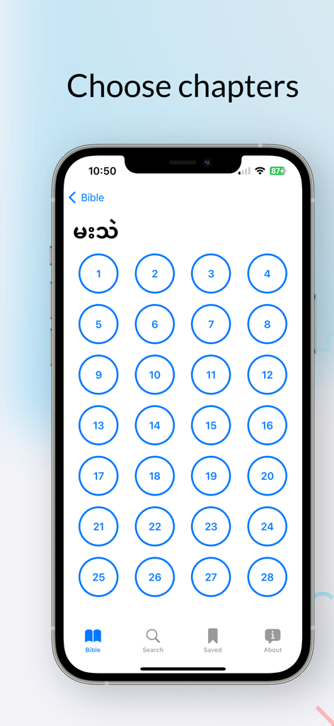 Karen Holy Bible - Chapter selection screen in the Karen Holy Bible app featuring numbered buttons