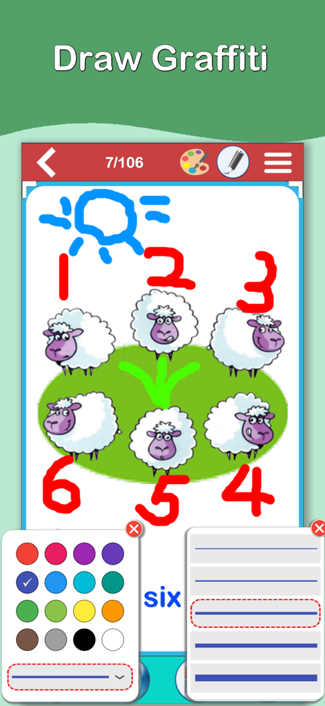 123 Numbers Flashcards - Interfaz de dibujo en la aplicación Tarjetas de Números 123 con una tarjeta de ovejas contando y paleta de colores