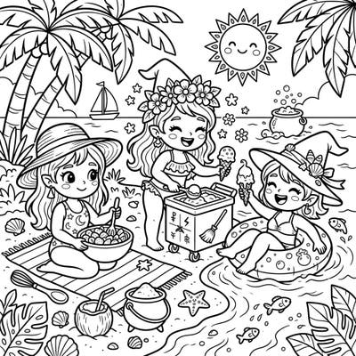 Dive into a delightful summer adventure with our adorable Kitchen Witches coloring page! Watch as these magical chefs enjoy a sunny beach day filled with ice cream, fruity treats, and enchanting seaside fun, perfect for all ages.