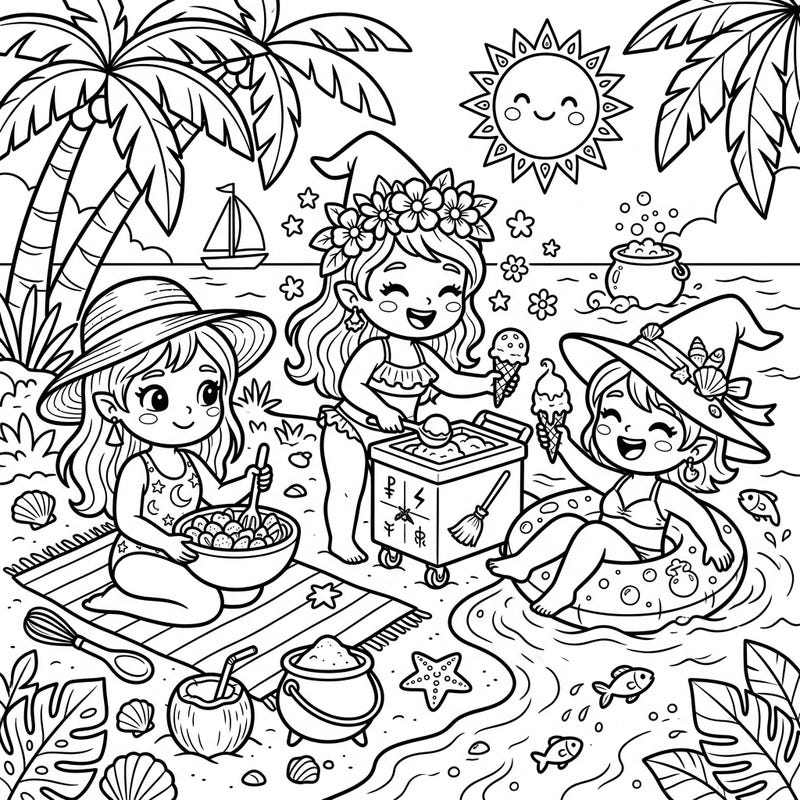 Dive into a delightful summer adventure with our adorable Kitchen Witches coloring page! Watch as these magical chefs enjoy a sunny beach day filled with ice cream, fruity treats, and enchanting seaside fun, perfect for all ages.