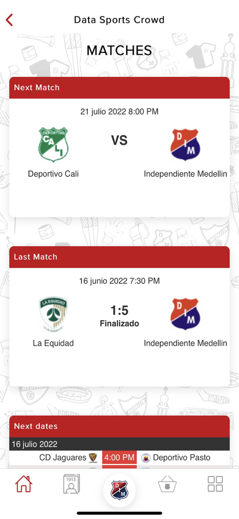 DIM Plus - DIM Plus app screen showing next and last matches for Independiente Medellin soccer club.