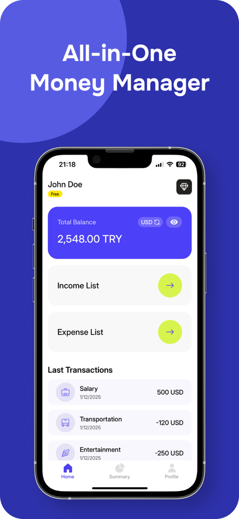 Personal Easy Budget Tracker - All-in-One Money Manager app dashboard showing balance and transaction history