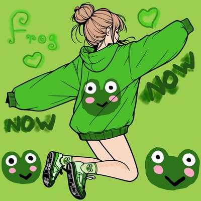 realistic girl jumping with a bun and oversized sweatshirt