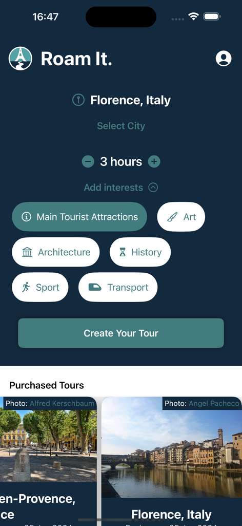 Interfaz de la aplicación Roam It para crear un tour a pie personalizado en Florencia con filtros de interés
