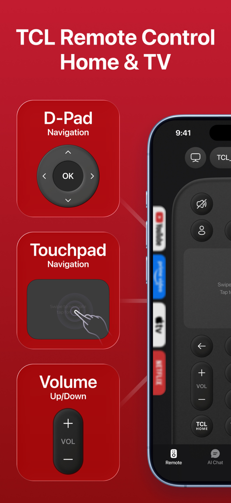 TCL Remote Control: Home & TV - Smartphone interface of the TCL Remote Control app showing D-pad, touchpad navigation, and volume controls.