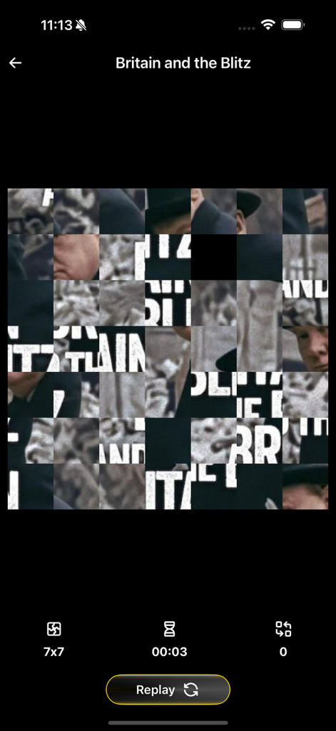 Read Progre: Movie Cine Puzzle - Un puzzle d'affiche de film de 7x7 de 'Britain and the Blitz' sur l'interface de l'application Read Progre