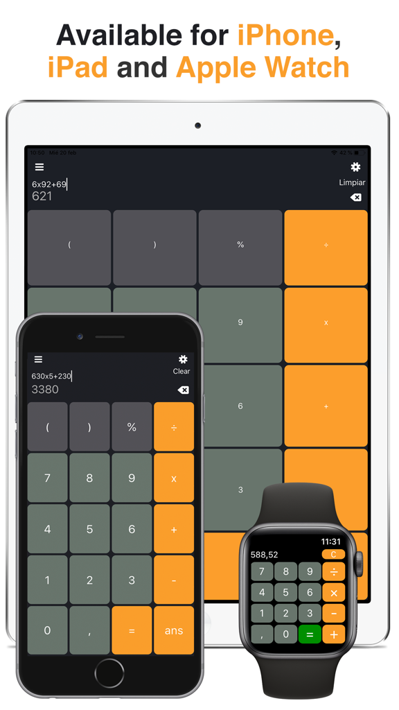 The Calculator Pro app displayed on iPhone iPad and Apple Watch