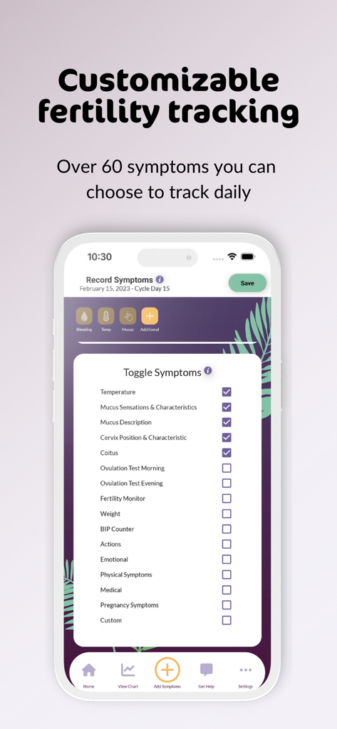 PeakDay Fertility Tracker App - Interfaz de la aplicación PeakDay para el seguimiento personalizable de síntomas de fertilidad.