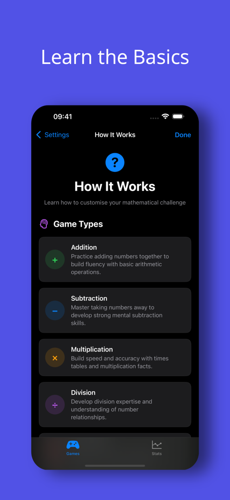 Quick Maths - Mental Mastery - Pantalla tutorial de la aplicación Quick Maths explicando diferentes modos de juego de matemáticas, incluyendo suma resta multiplicación y división