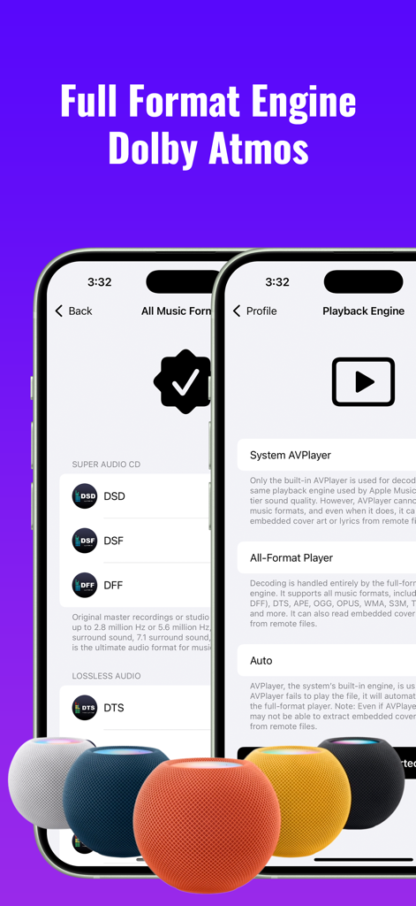 Wake Music：Offline Music - Wake Music app interface showing full format engine support for Dolby Atmos and high res audio formats like DSD and DTS