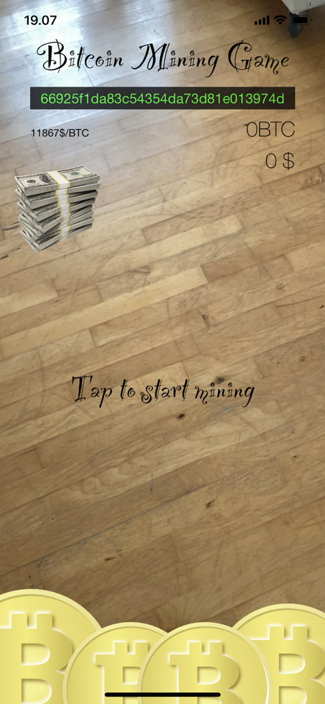 Bitcoin Mining Game - Bitcoin Mining Game augmented reality interface showing a tap to start mining prompt over a wooden floor