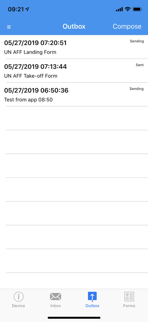 IndigoConnect+ - Outbox interface of IndigoConnect plus showing the status of landing and takeoff forms for flight crew
