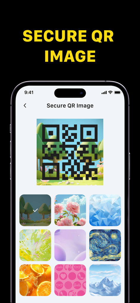 Argon VPN - Super Easy Connect - Smartphone display of Argon VPN feature allowing users to create secure QR codes with artistic backgrounds