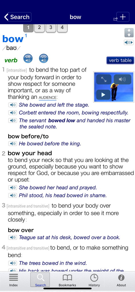 LDOCE - LDOCE app screen showing the definition of the verb bow with phonetic spelling, audio pronunciations, example sentences, and a demonstration video.