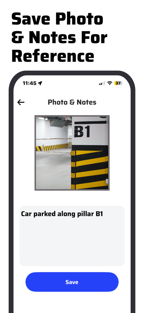 Find My Car app interface for saving a photo and notes of a parking spot