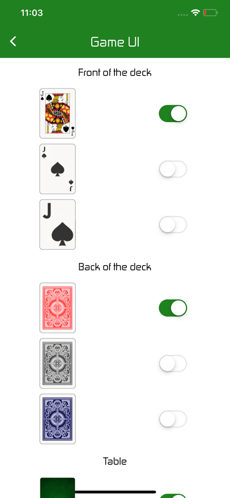 Customization screen for selecting card deck styles and table backgrounds in 66 Santase