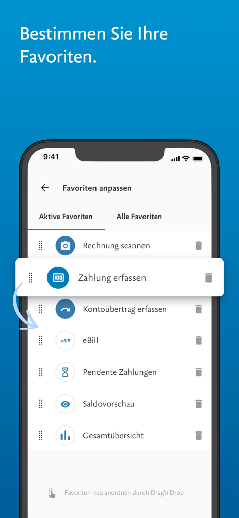 User interface of the LUKB E-Banking app showing the favorites customization screen with drag and drop functionality.