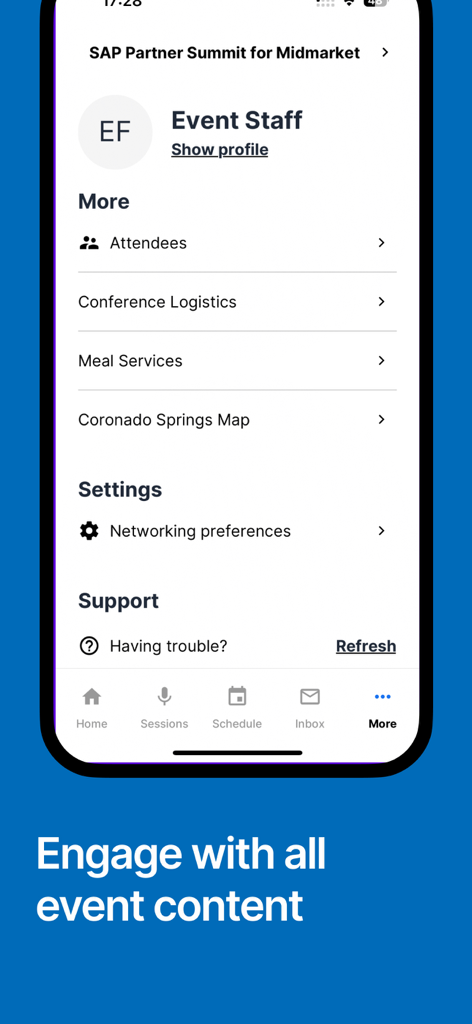 SAP Partner Summit Midmarket - SAP Partner Summit Midmarket app interface showing event logistics and attendee settings