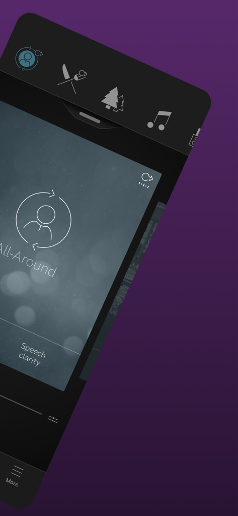 BeMore – for your hearing aids - BeMore app interface showing selectable hearing aid programs including All-Around and Restaurant modes