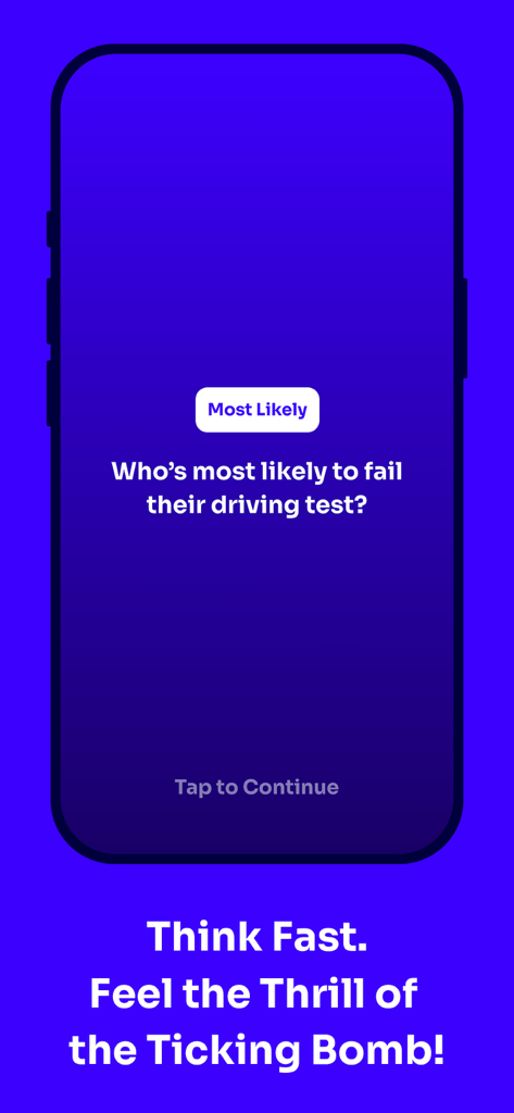 Boomit - Most Likely To - Un écran de smartphone de l'application Boomit affichant une question du jeu « Qui est le plus susceptible de... » concernant l'échec d'un test de conduite.