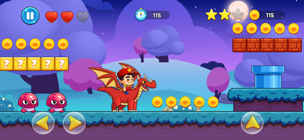 Max's World™ - Fun Adventure - Max riding a red dragon through a colorful night themed platformer level