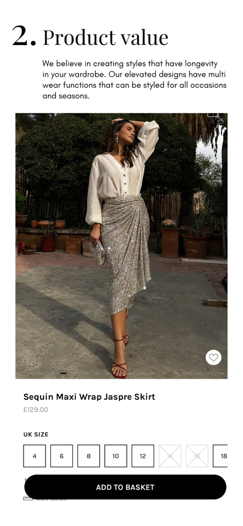 Never Fully Dressed - Never Fully Dressed app showing the Sequin Maxi Wrap Jaspre Skirt with size options and add to basket button
