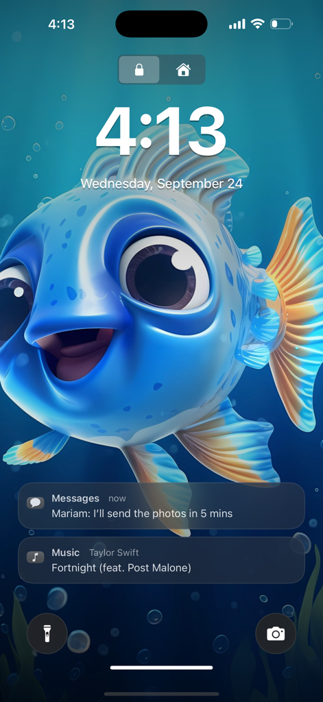 AI 4D & 3D Parallax Wallpapers - Cute blue 3D animated fish on an iPhone lock screen with parallax effect