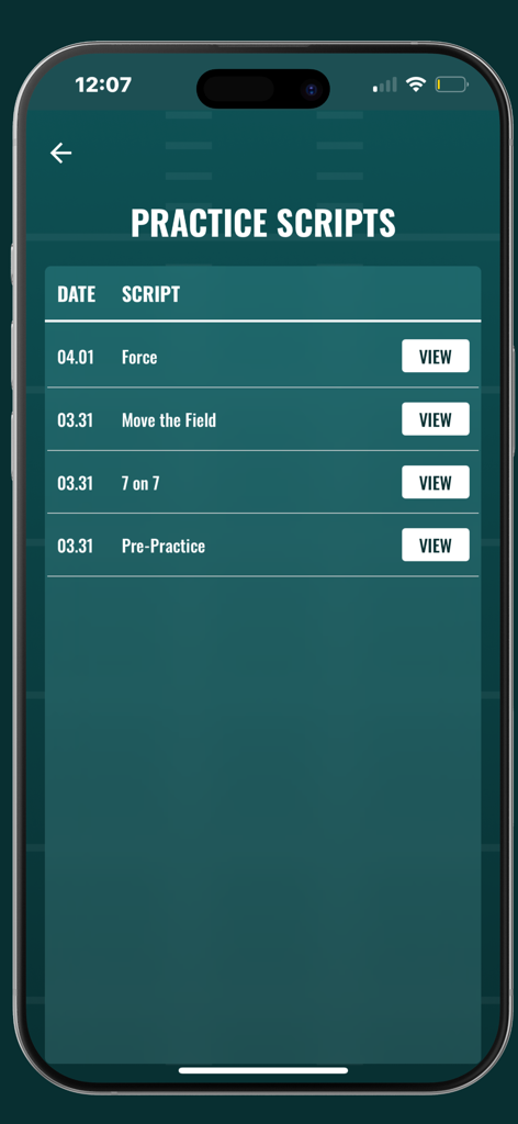 FootballU - A list of scheduled practice scripts in the FootballU app interface.