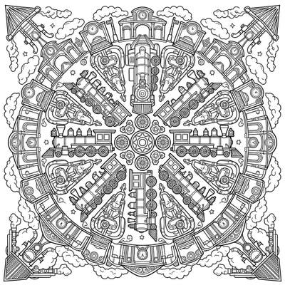 Dive into a unique coloring experience with this intricate Steam Train Mandala. Discover historical locomotives and charming train station elements woven into a mesmerizing symmetrical design, perfect for mindful relaxation.