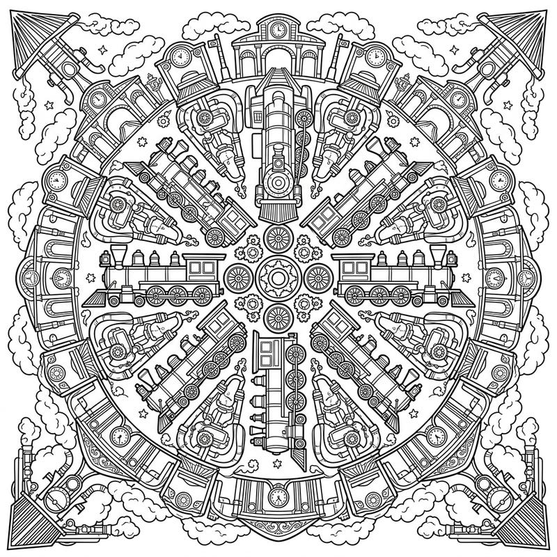 Dive into a unique coloring experience with this intricate Steam Train Mandala. Discover historical locomotives and charming train station elements woven into a mesmerizing symmetrical design, perfect for mindful relaxation.