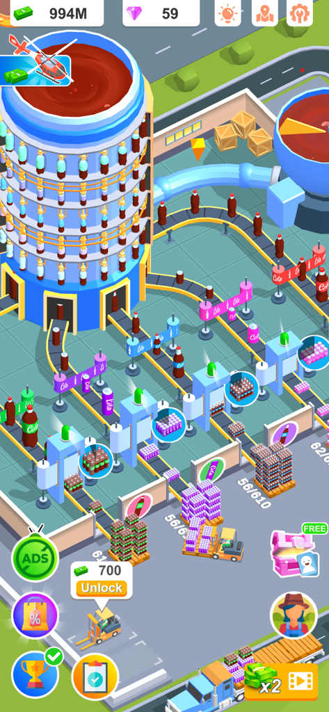 Idle Beverage Empire - Une chaîne de production de sodas animée avec des convoyeurs et des machines d'embouteillage dans Idle Beverage Empire.